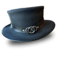 LEATHER TOP HAT -  3 FRONT RING BAND STEAM PUNK HAT - The Walkabout Company